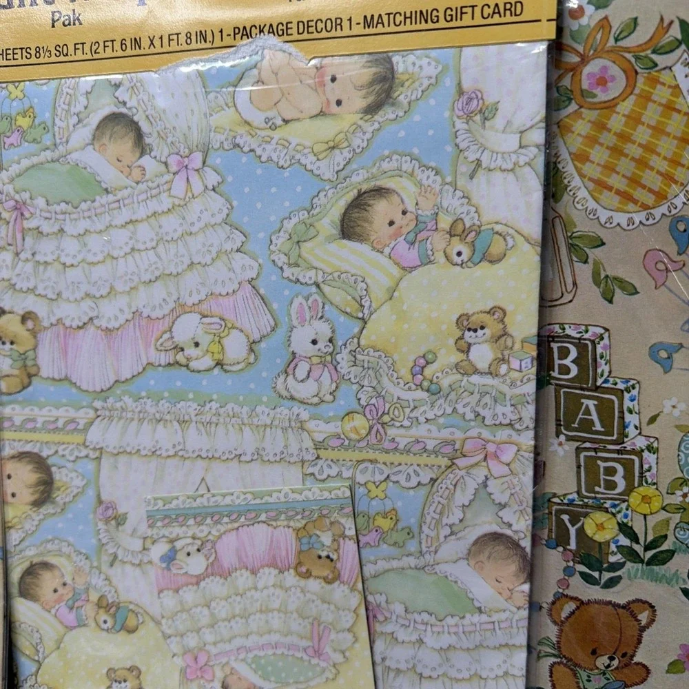 Vintage Baby Wrapping Paper lot incl Hallmark/American Greetings/Sangaman/Buzza+